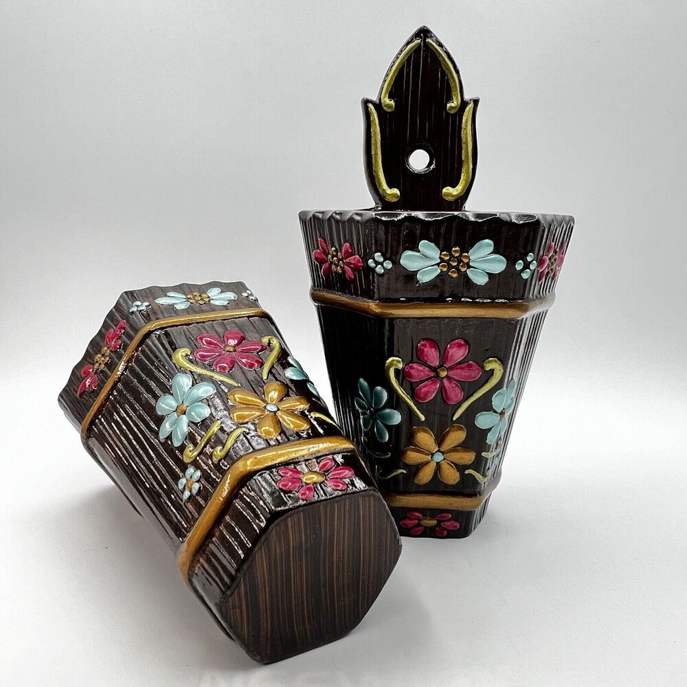 Retro Set 2 Atlantic Mold Wall Pockets 1970s Flowers Barrels Pink Blue Brown 10"